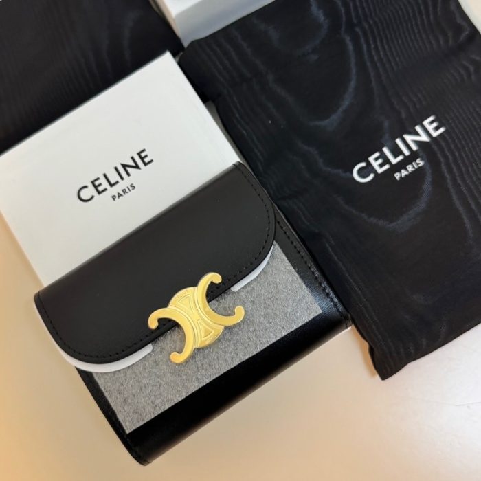 Celine 凱旋門小牛皮三摺短夾 黑金
