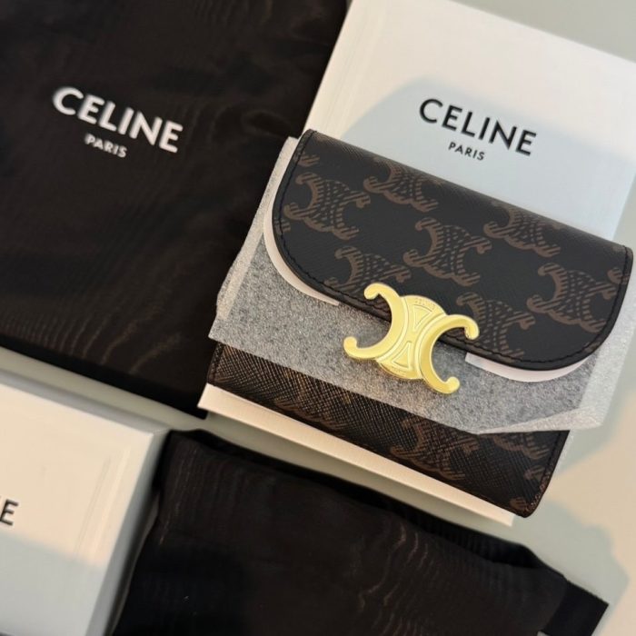 Celine 凱旋門小牛皮三摺短夾 老花深咖
