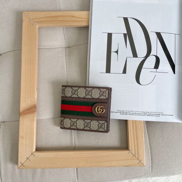 Gucci Ophidia GG紅綠織帶帆布對開短夾