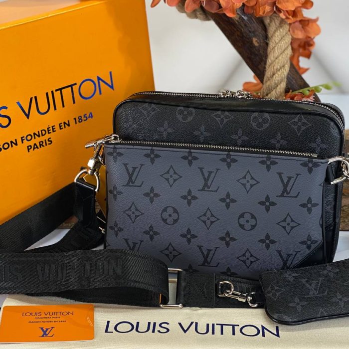 LV Trio 經典花紋三合一肩斜背郵差包 灰黑